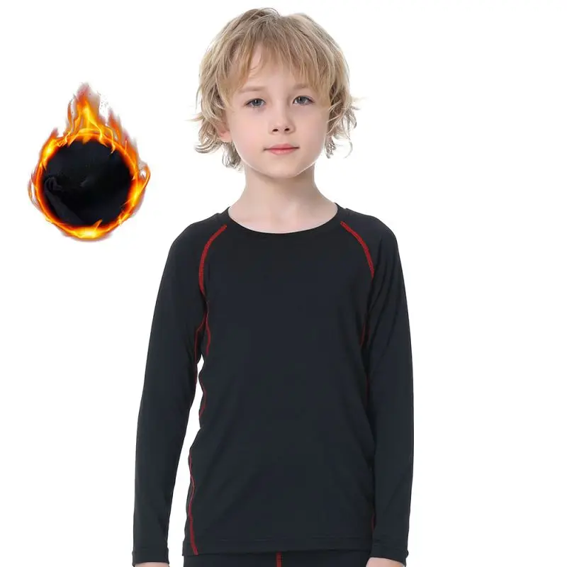 Kids Boys Sports Compression T-shirt Long Sleeved Velvet Sportswear 12