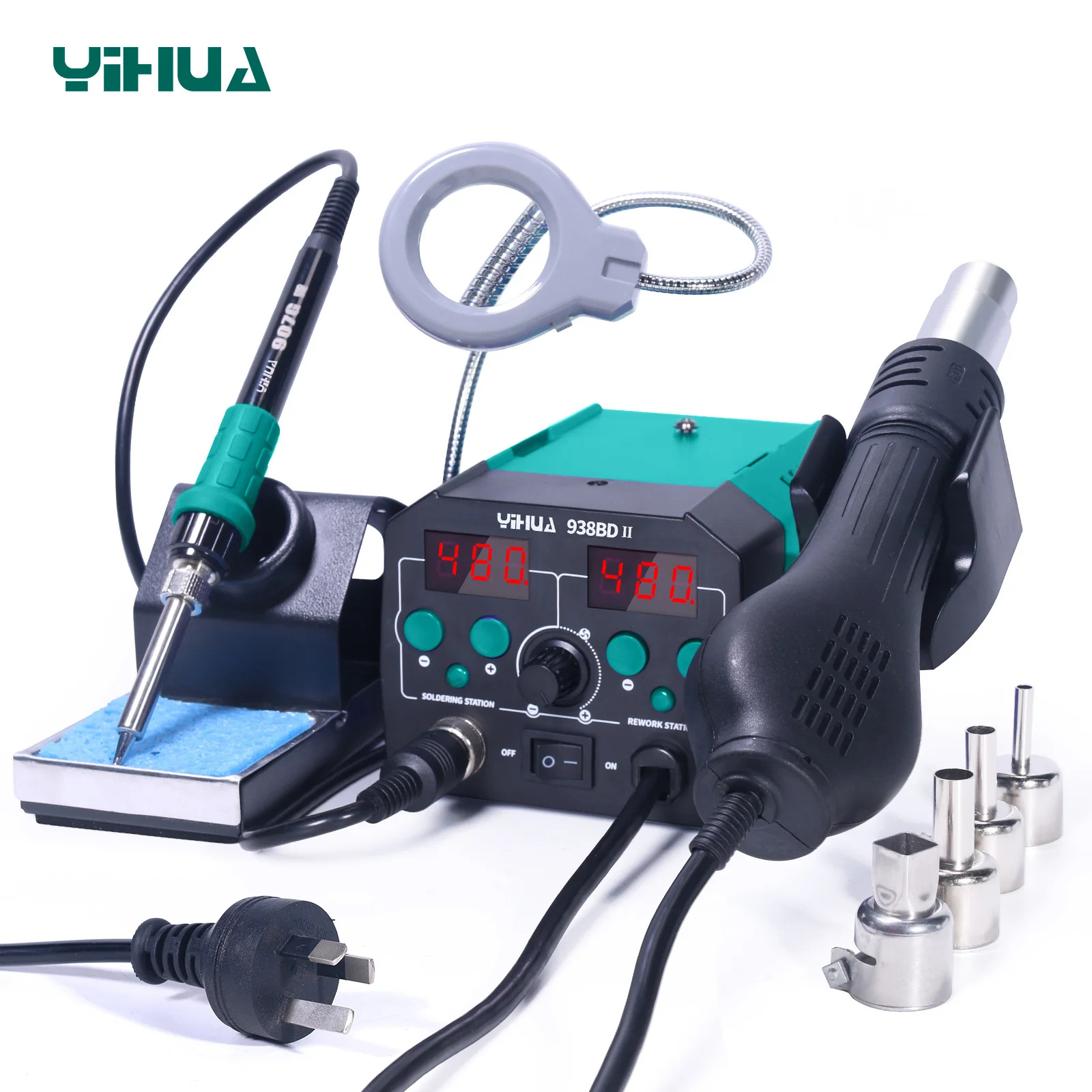 YIHUA 938BD-II 2in1 납땜 스테이션 (열풍기 포함) 740W SMD 납땜 인두 디솔더링 스테이션 LED 디스플레이 용접기 스테이션