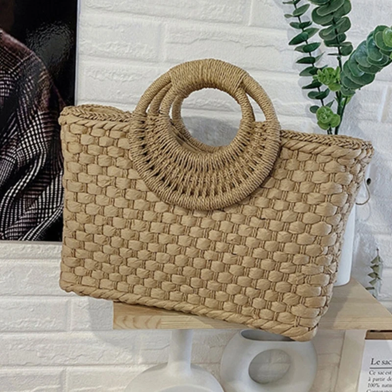 

Boho Women Summer Beach Woven Straw Handbag with Top Handle Tote Bag Basket