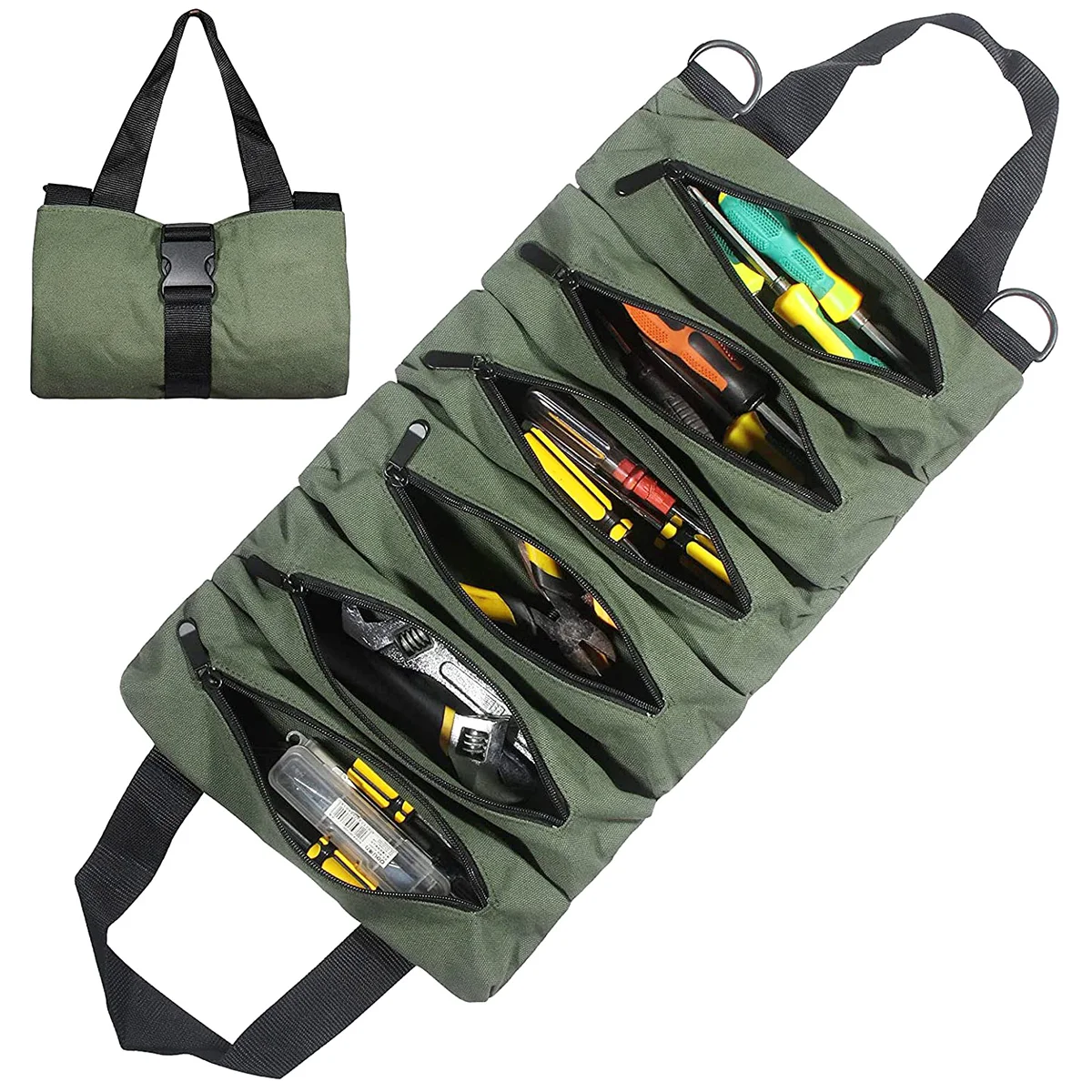 Canvas Tool Roll Up Bag Tool Pouch With 6 Zipper Pockets Large Capacity Tools Wrap Roll Storage Case Hand-held Tool Carrier Tote beehive tool bags Tool Storage Items