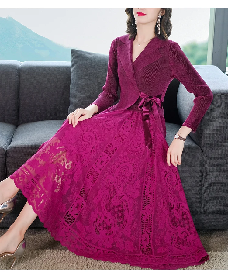 

Miyake Pleated Dress Women's Fashion Loose Large Size Suit Collar Double-breasted Pleated Skirt Women's 2024 Autumn New Style