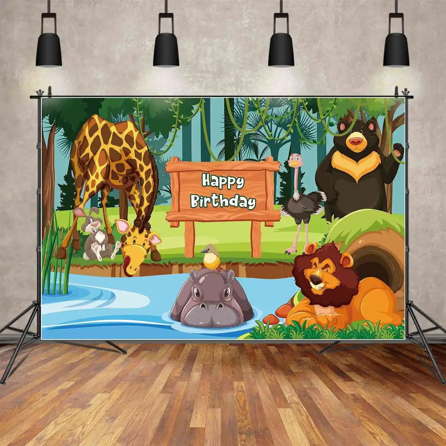 Moon.Qg Sfondo Buon Compleanno Baby Safari Party Background Jungle Forest Animal Ippopotamo Struzzo Bear Decor Puntelli Fotografici