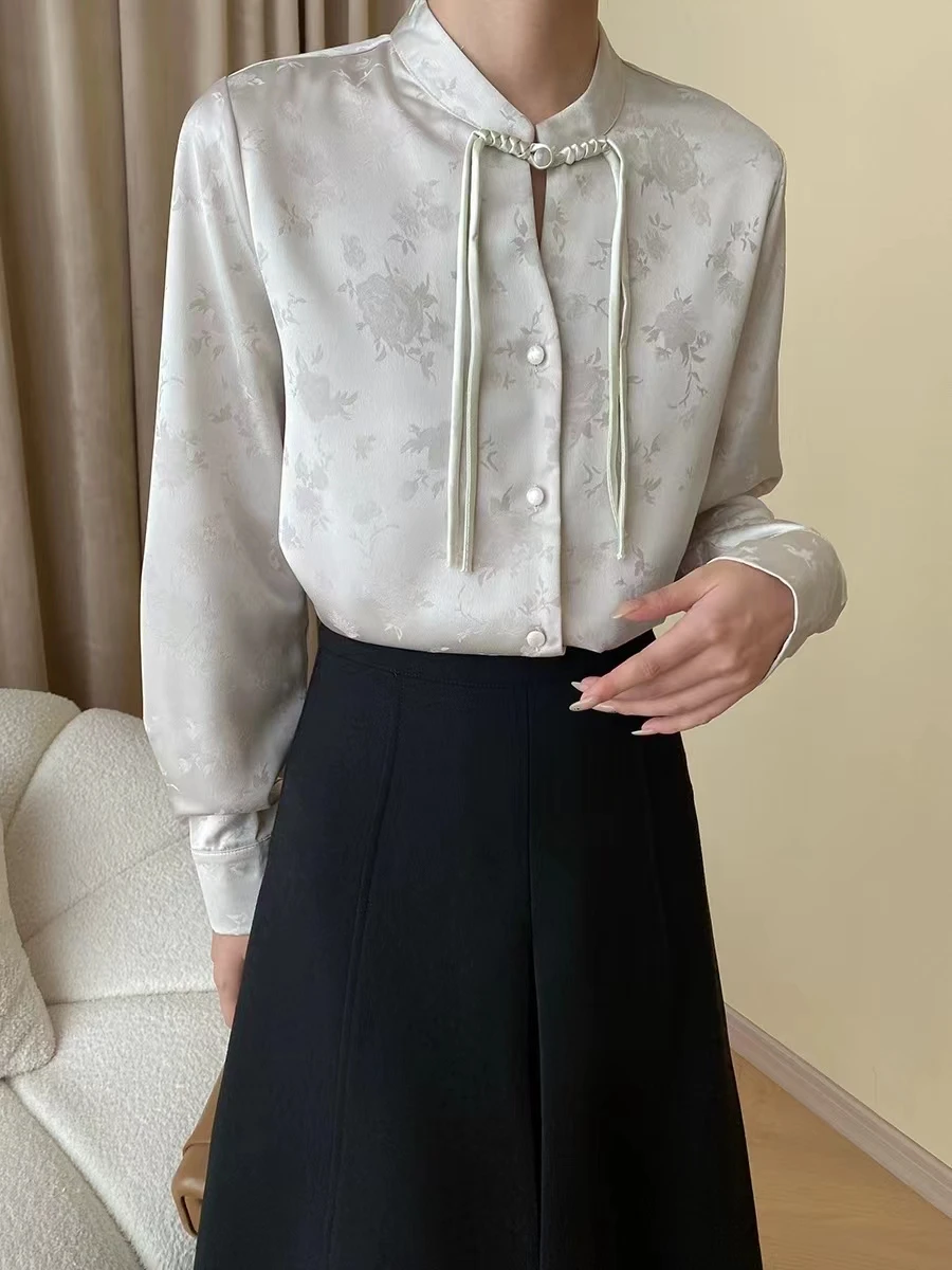 

Chinese Style Dark Patterned Jacquard Spring And Autumn Button Up Stand Up Collar Top With a Drooping Commuter Shoulder Shirt