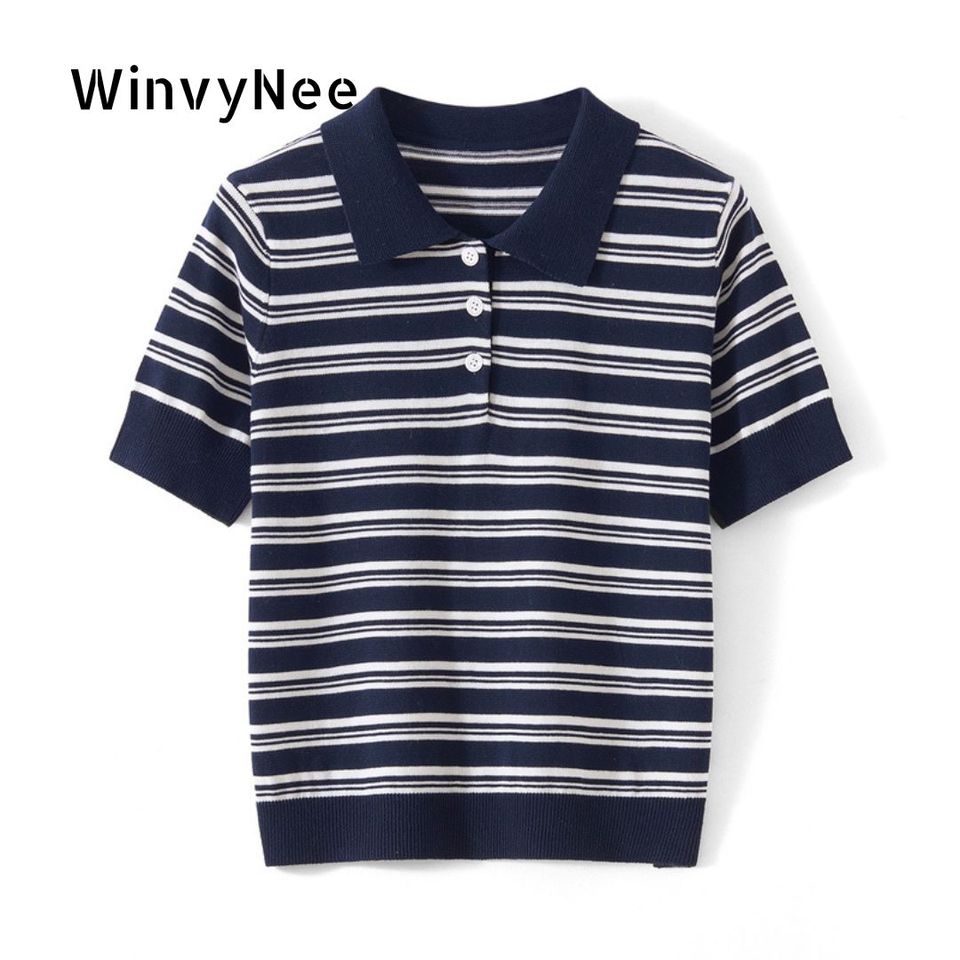 WinvyNee Summer Women's Pure Cotton Sweaters Polo T-Shirts White Half Sleeve Striped Tees Y2k Outerwears Pullover Tops ZA1523012