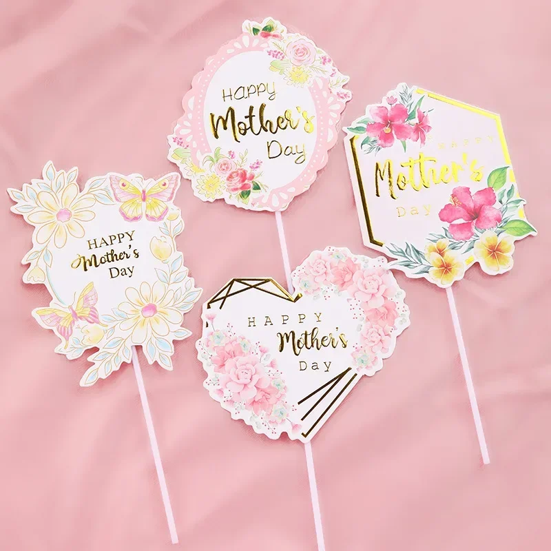 Happy Mother's Day Cake Topper Best Mom Ever Mom Birthday Party Rose Flowers Heart Butterfly Cupcake Baking Decor Flag