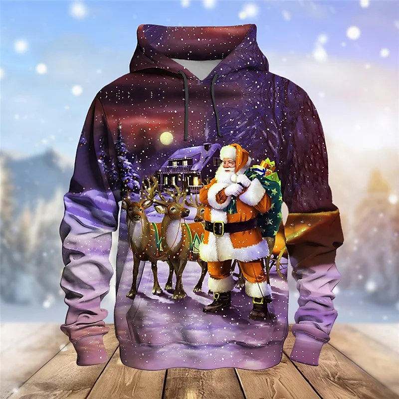 thumbnail image 1 of Sudadera con capucha de Papá Noel divertida con estampado 3D para hombre, sudadera informal de manga larga con patrón de alce navideño, sudadera holgada unisex, 1 of 5