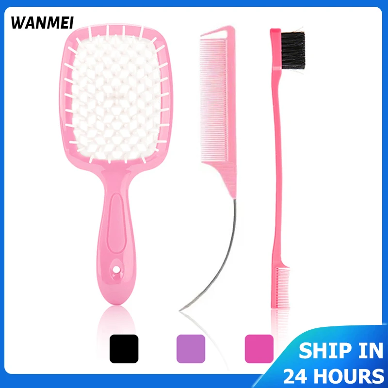 3pcs/set Unbrush Detangling Hair Brush Curly Hair Curved Rat Tail Comb Set Original Comb Salon Professional Hairdressing Tools 3pcs reverse tweezers stainless steel handle plastic tip precision tweezers curved flat straight anti static tip tweezers