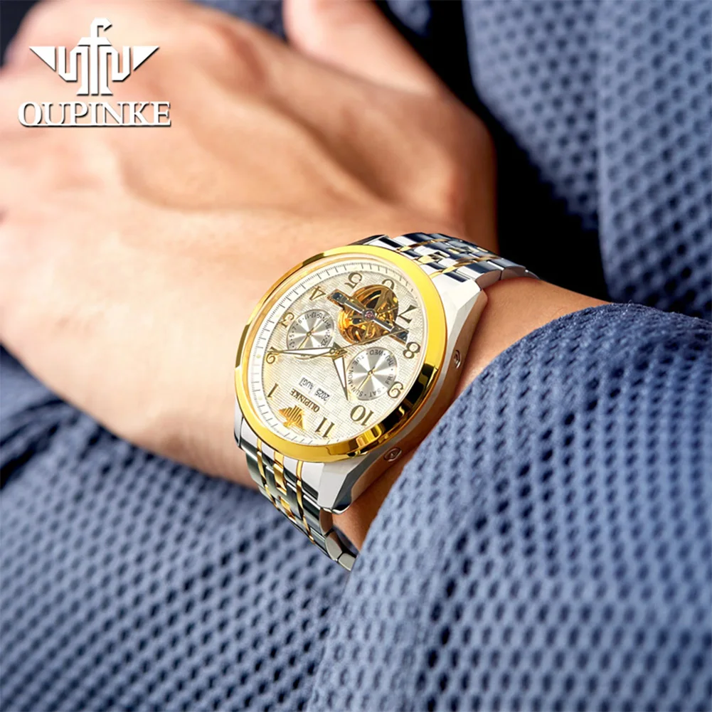 OUPINKE 3263 Man Watch Top Brand Number Scale Hollow Skeleton Automatic Watch For Men Date Mechanical Wristwatch 50M Waterproof