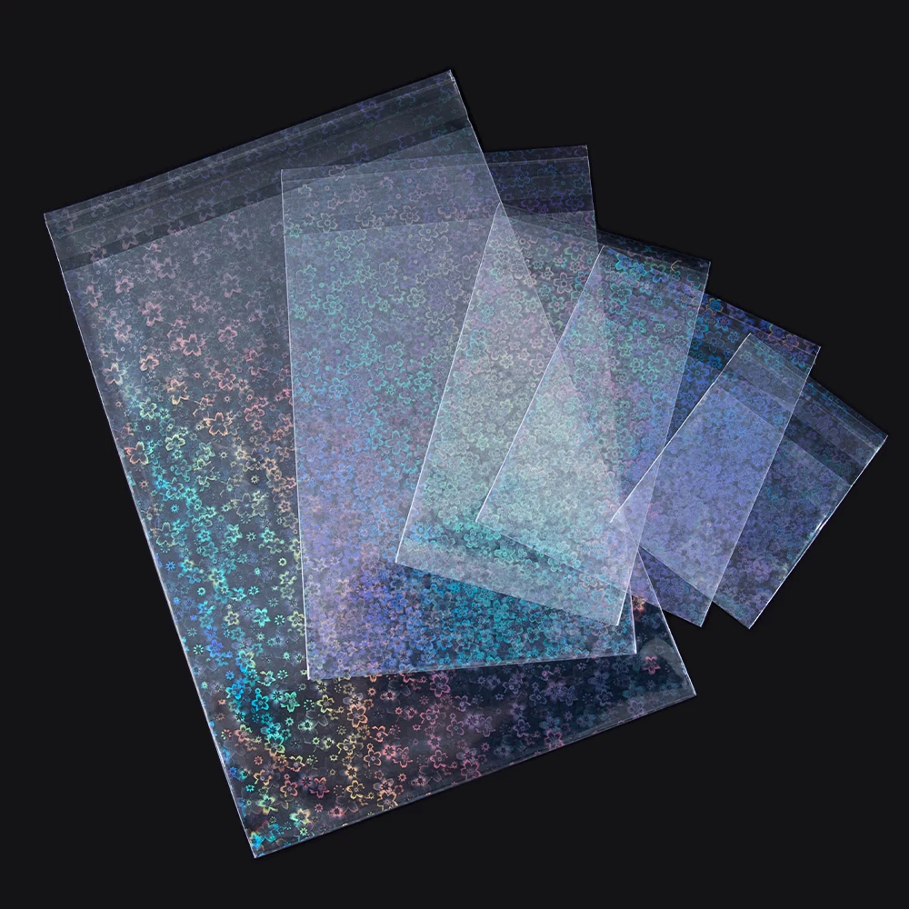 20/50PCS Transparent Holographic Laser Self-adhesive Bag Flowers Pattern Plastic Pouches for DIY Jewelry Badge Gift Package Bags