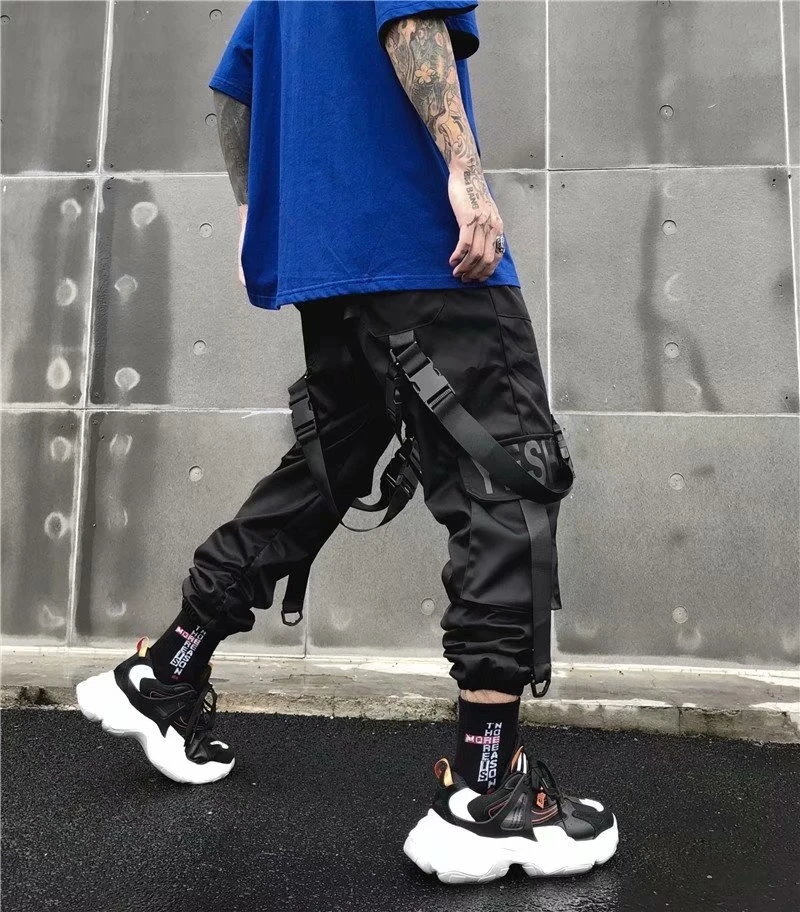 Joggers Cargo Pants for Men Casual Hip Hop Hit Color Pocket Male Trousers Sweatpants Streetwear Ribbons Techwear Pants