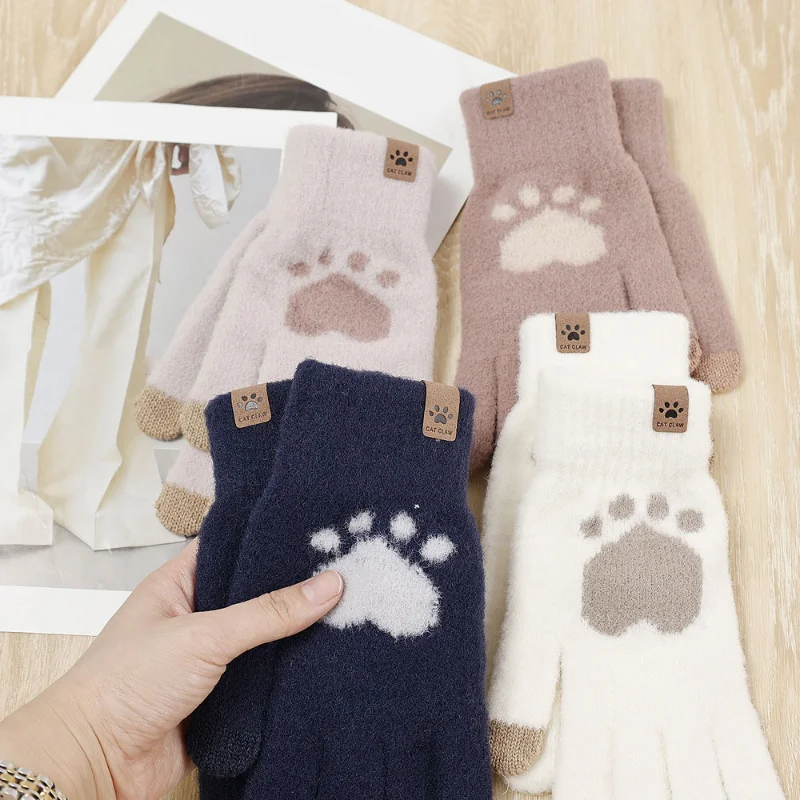 

Winter Cute Warm Gloves Women Cute Cat Paw Warm Wool Touchscreen Gloves Women Fluff Fingerless Flip Gloves Outdoor Knitted Glove