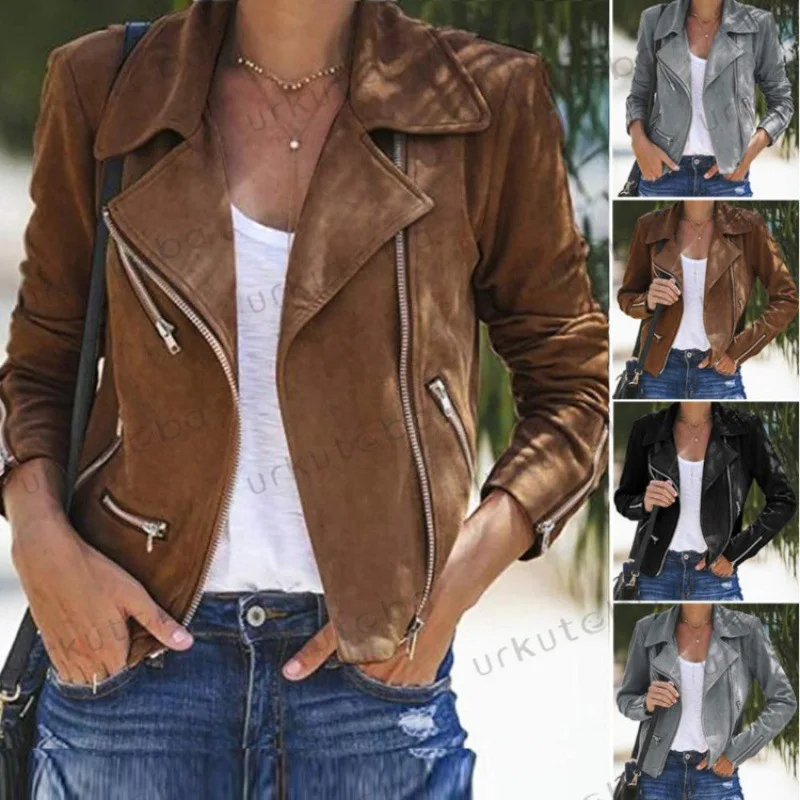 European And American Style 2024 New Coat Women's Autumn And Winter Lapel Multiple Zipper Short Fashion Solid Color Jacket Top 1
