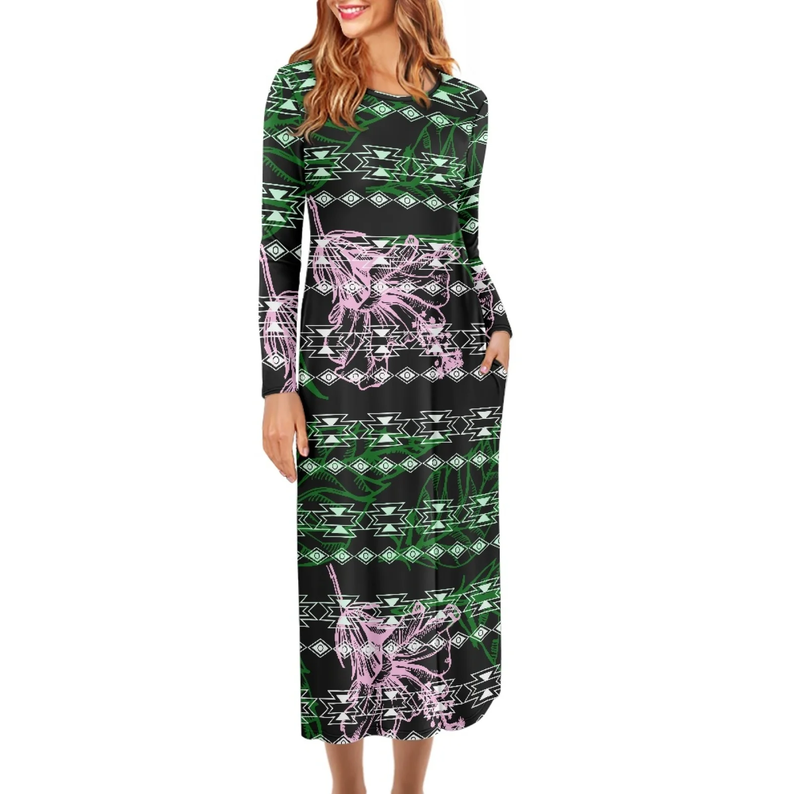 

Polynesian Tribal Samoan Totem Long Sleeve Pleated Dress, Tropical Flowers Leaves Prints, O Neck, Everyday Clothes, Tattoo, 4XL