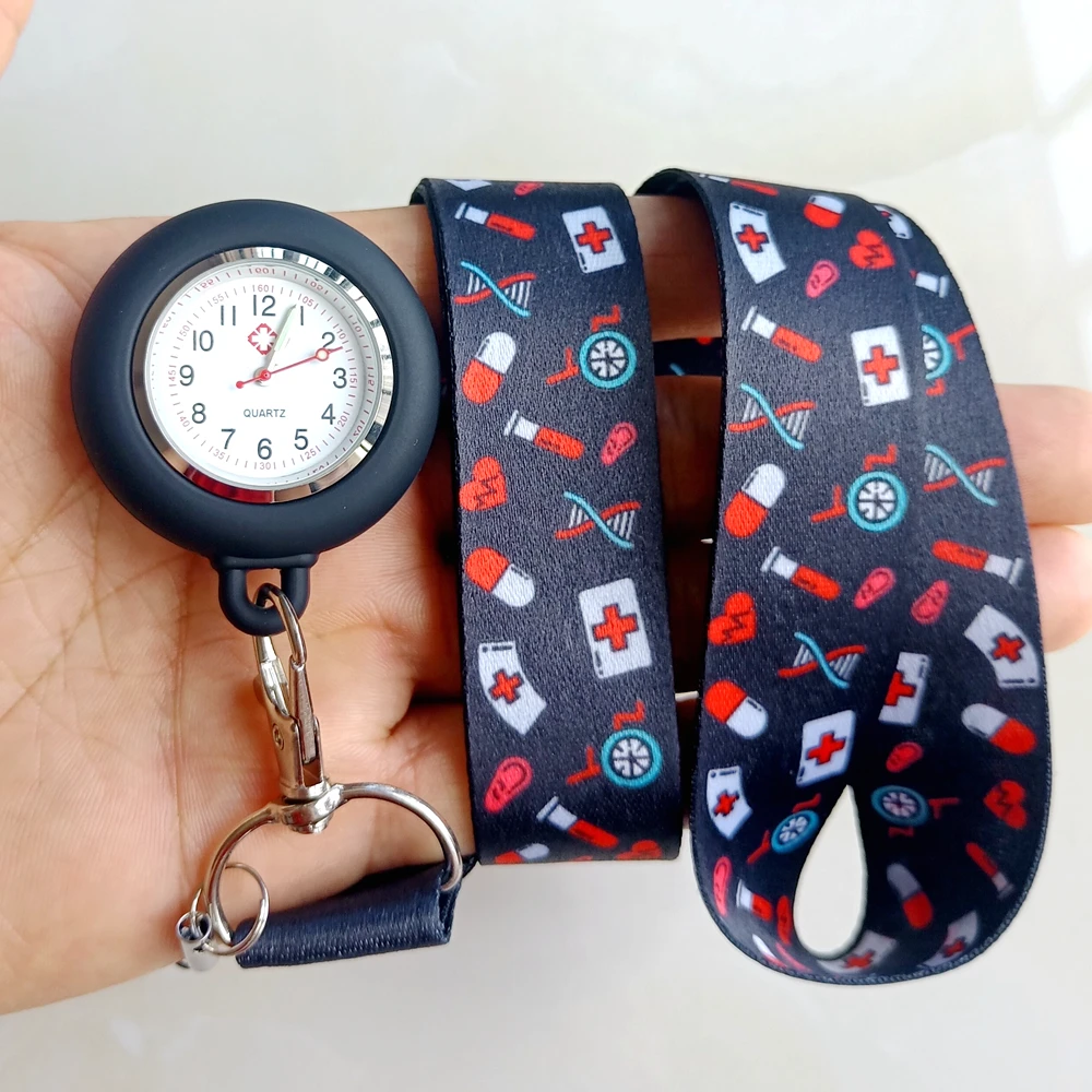 Quartz Watch Pocket Watch Cartoon Printing Lanyards Rope Keychains Nurse Doctor Hospital Medical Name Card Holders Quartz Pocket Watches Hang Clock Gifts