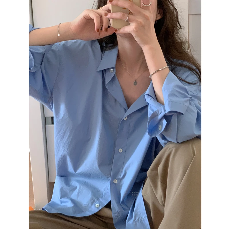 

Повседневная рубашка с длинным рукавом, женская одежда, элегантные офисные женские синие топы, модная однобортная Блузка-поло с воротником, Blusas Mujer 27807