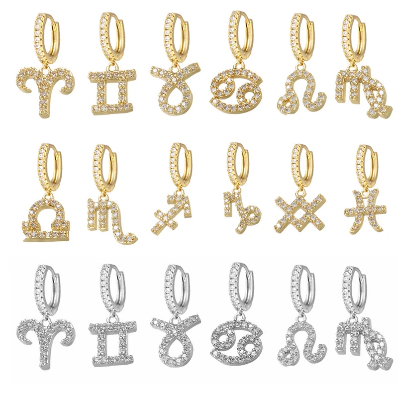 QMHJE Mini Small Hoop Earring Zodiac Signs Constellation Women Gold Silver Color Cubic Zirconia Jewelry Aretes Aries Scorpio Leo