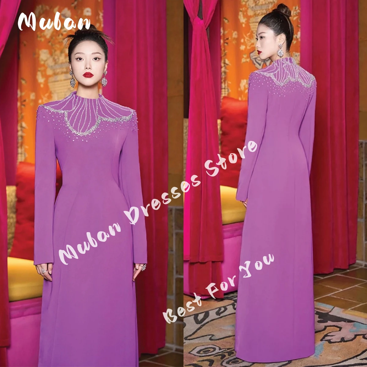 

O-neck Long Sleeves Beaded Evening Dresses 2024 Floor-length Formal Occasion Prom Dress Party Gown