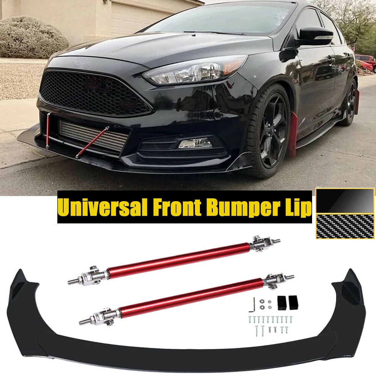 

177cm For Ford Mustang Focus RS ST MK3 MK4 Front Bumper Lip w/ Red Strut Rod Side Spoiler Splitter Body Kit Car Accessories