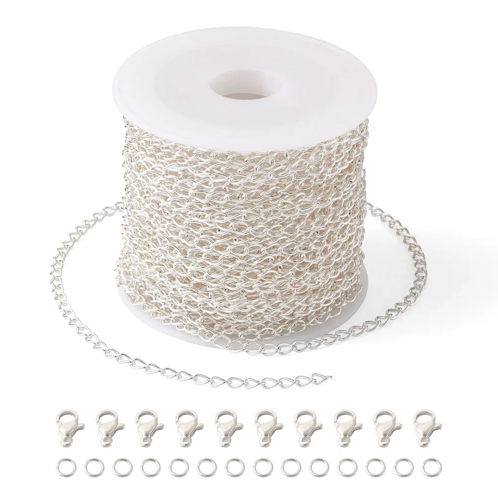 10m 304 Stainless Steel Curb Link Chains With Jump Rings Lobster Clasps for DIY Jewelry Making Accessories