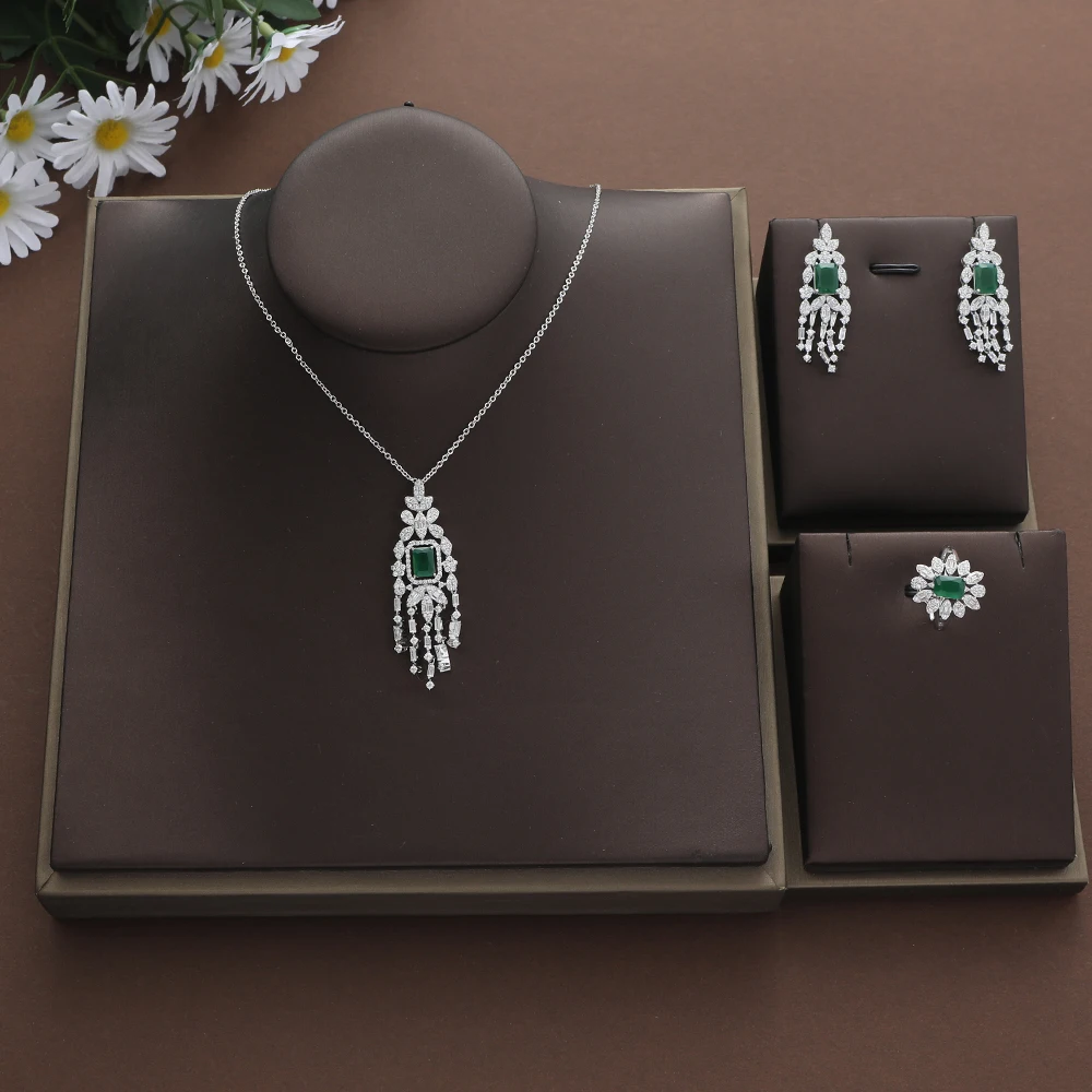 

New Luxury Waterdrop Square Tassel Cubic Zircon Engagement Dubai Naija Bridal Finger Rings Necklace Earring Jewelry Set S459