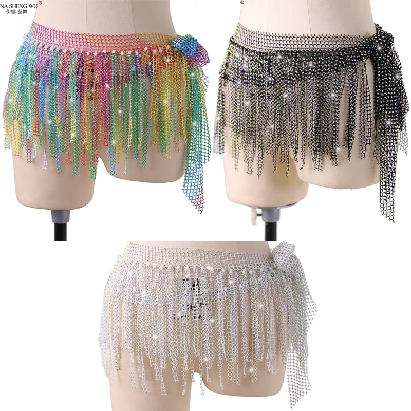 

Shine Hip Scarf Belt Belly Dance Performance Show Costume Accessory Rhinestone Colorful Triangle Wrap Skirt with Fringe New