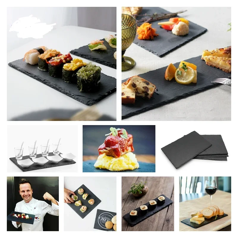 Black Stone Round Natural Slate Western Steak Plates Slate Dinner Plate Kitchen Cheese Pizza Flat Fruit Tray Plate for Wedding