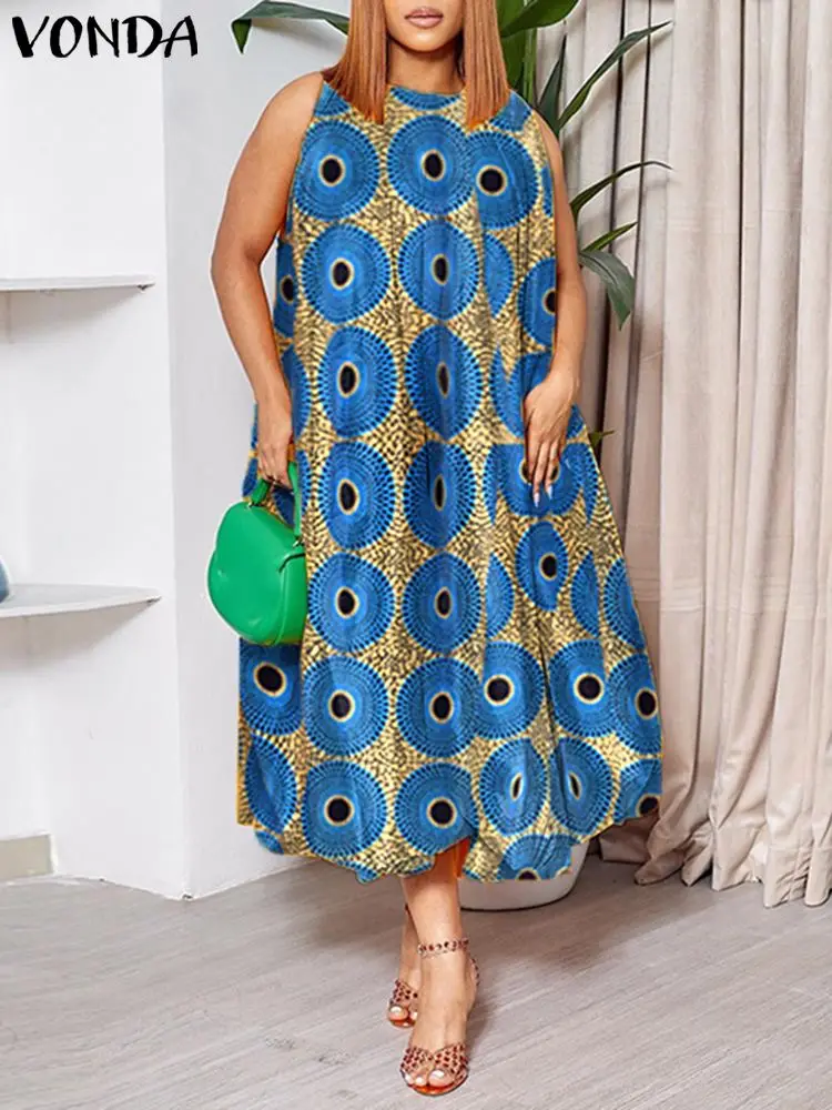Vonda plus size kleid frauen sommer böhmisch lange vestido 2024 mode ärmellose lose lässig bedruckte midi sonnenkleid strand robe