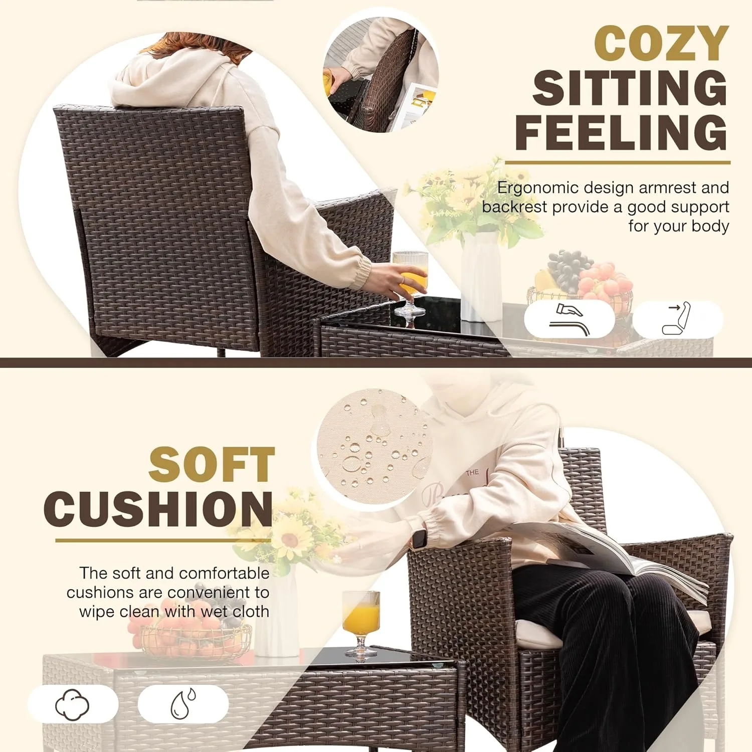 4-piece set of outdoor terrace furniture, rattan chairs, wicker covers, outdoor indoor use, backyard porch (brown and beige) - Image 2