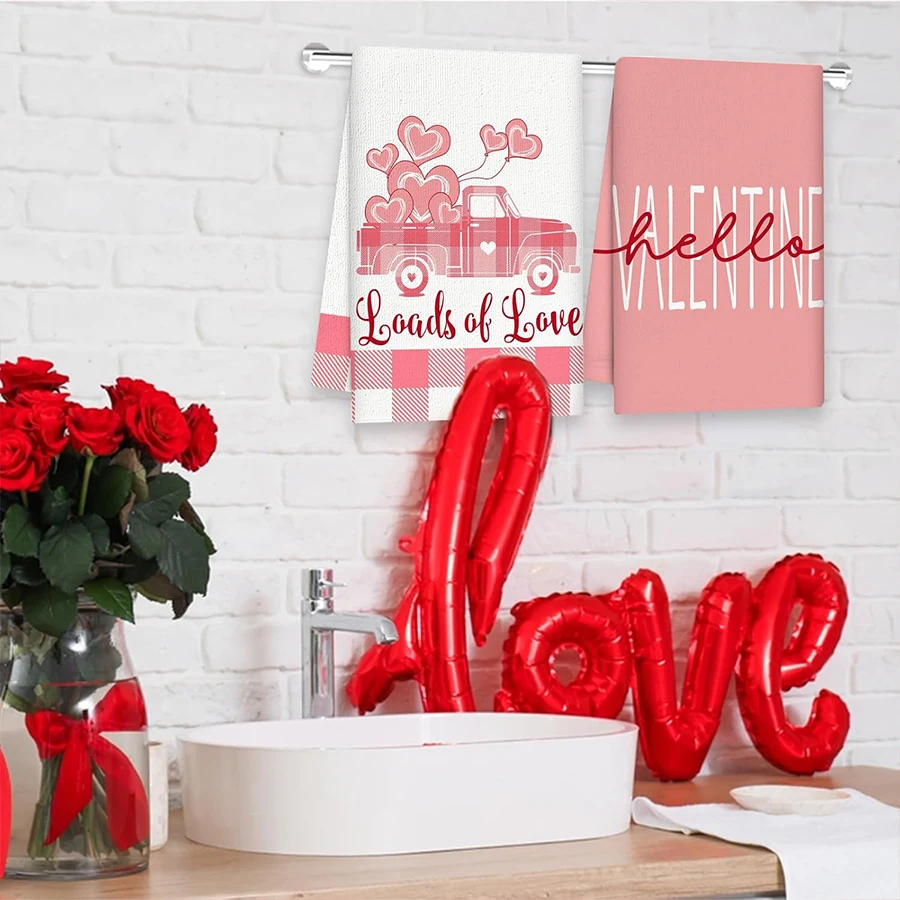 2 Valentine's Day kitchen towels, pink and white checkered 40 * 60cm heart-shaped love truck printed tea towelssuitable for cook