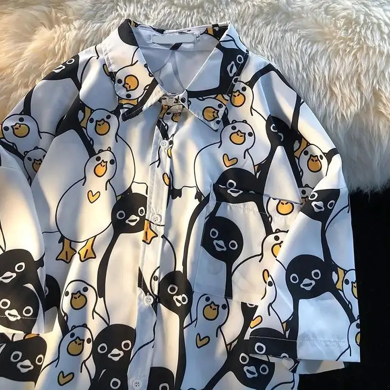 

Kawaii Пингвин мультфильм пуговицы рубашка оверсайз поло футболки унисекс милая блузка женская летняя большая 2XL Мода 2023