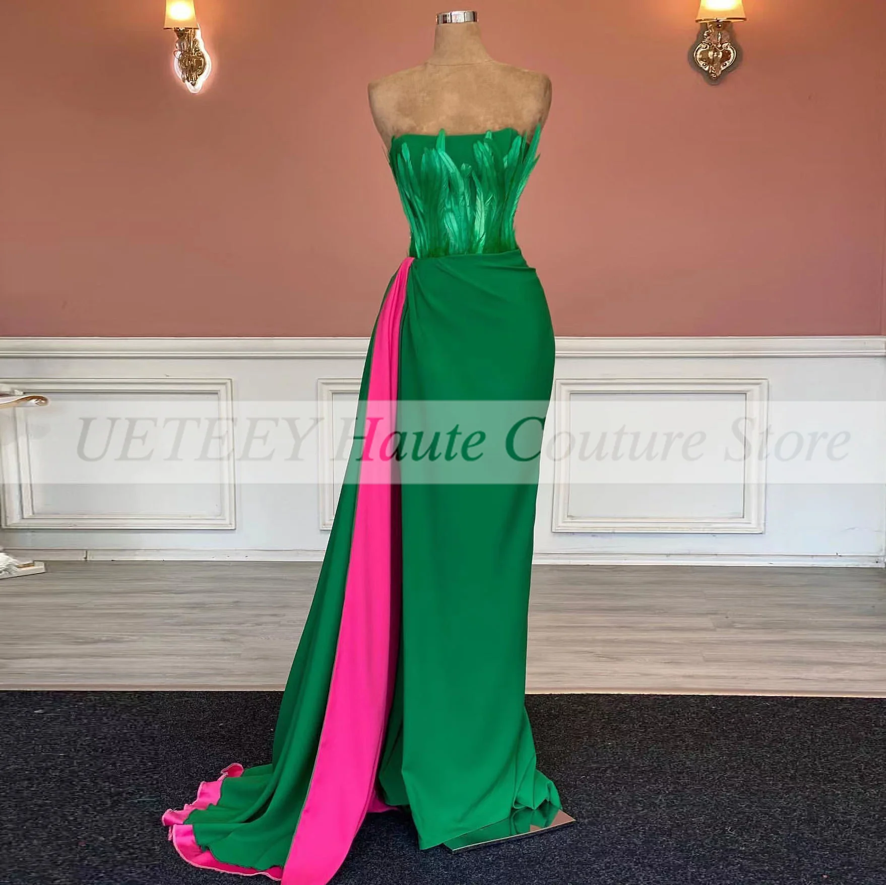 

New Green Mermaid Prom Dresses 2022 Strapless Feathers Floor Length Sleeveless Long Evening Dress vestidos de noche