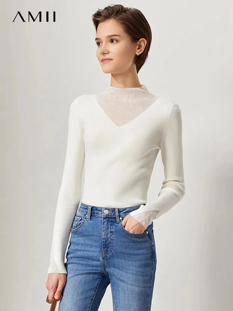 

AMII Minima Sweaters 2023 Spring Women Turtleneck Splicy V-Neck Slim Long Sleeve Casual Knitted Tops Female Clothes 12244002