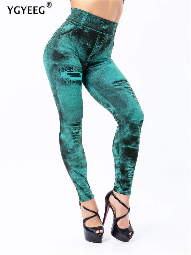 YGYEEG Sexy Faux Jeans Leggings Women Stretch Printed Yoga Pants
