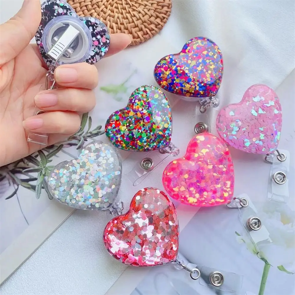 

Love Heart Retractable Badge Holder Bling Glitter 360 Rotating Nurse Badge Reel ID Card Clips Alligator Swivel Clip