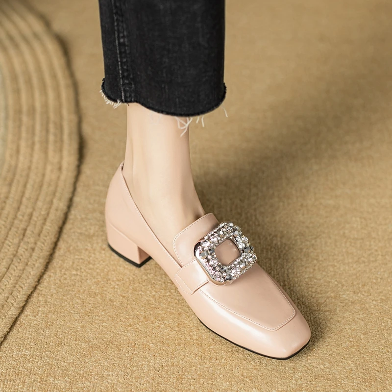 Women's New Spring and Autumn Genuine Leather with Diamond Metal Accessories, Mid Heel Large Lefu Shoes Single Shoes