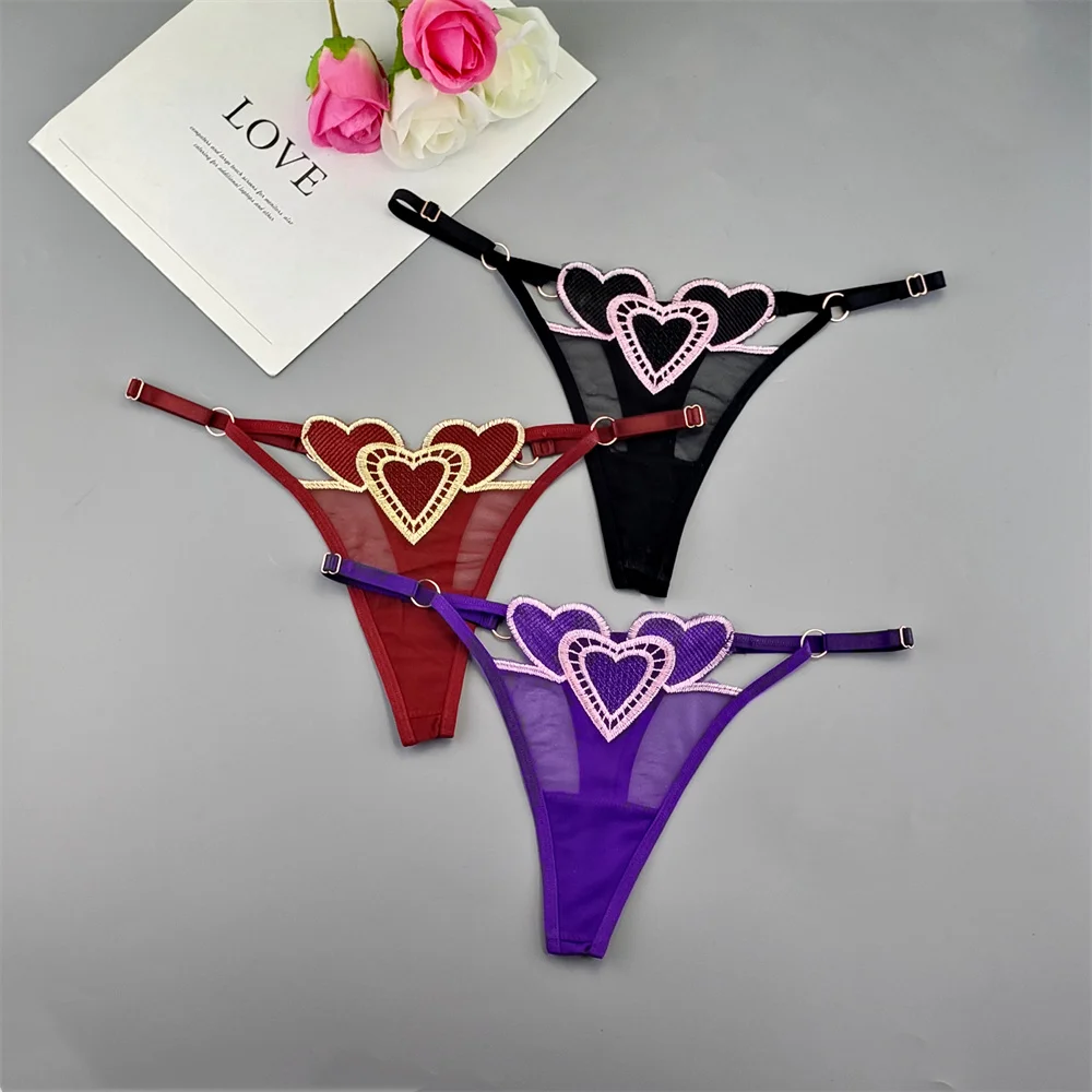 3Pcs/Set Cute Cosplay Sexy Lingerie Women's Sheer Lace Thong Underwear Low-Rise Adjustable Strap Heart Underwear