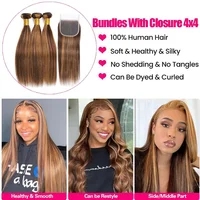 Mèches naturelles lisses à reflets 12A, avec Closure, blond miel, 100% cheveux bruts vierges birmans 5