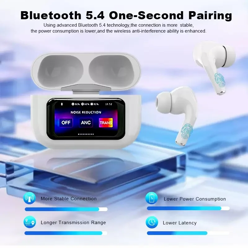 New Wireless Bluetooth Active Noise Cancelling Calling Game Music Earphones Full-color Touch Screen Earphones 3