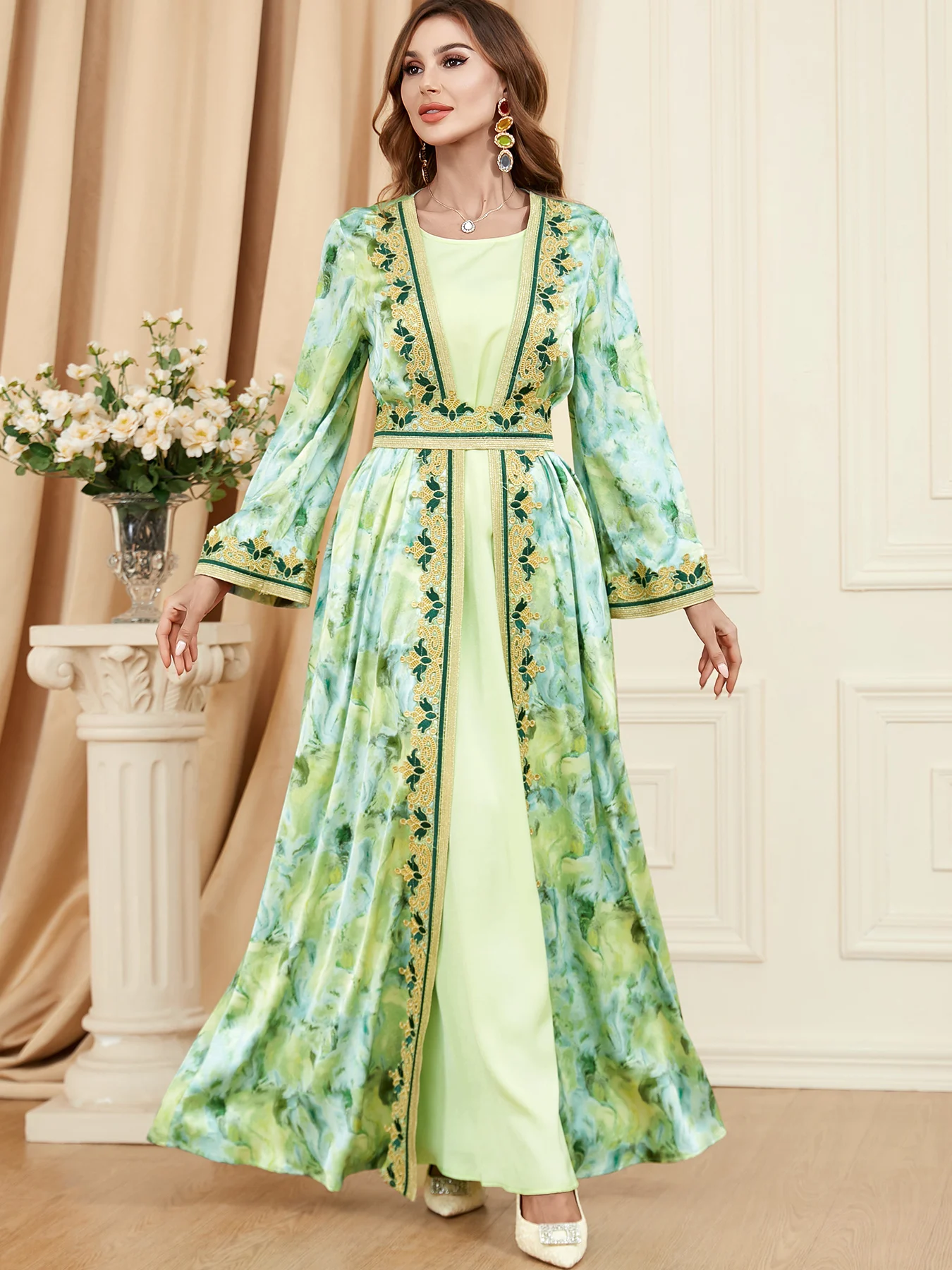 

Autumn Muslim Abaya for Women Maxi A-line Abaya Dresses Print Party Dress 2 Piece Set Kimono Saudi Arabic Dubai Kaftan Islamic