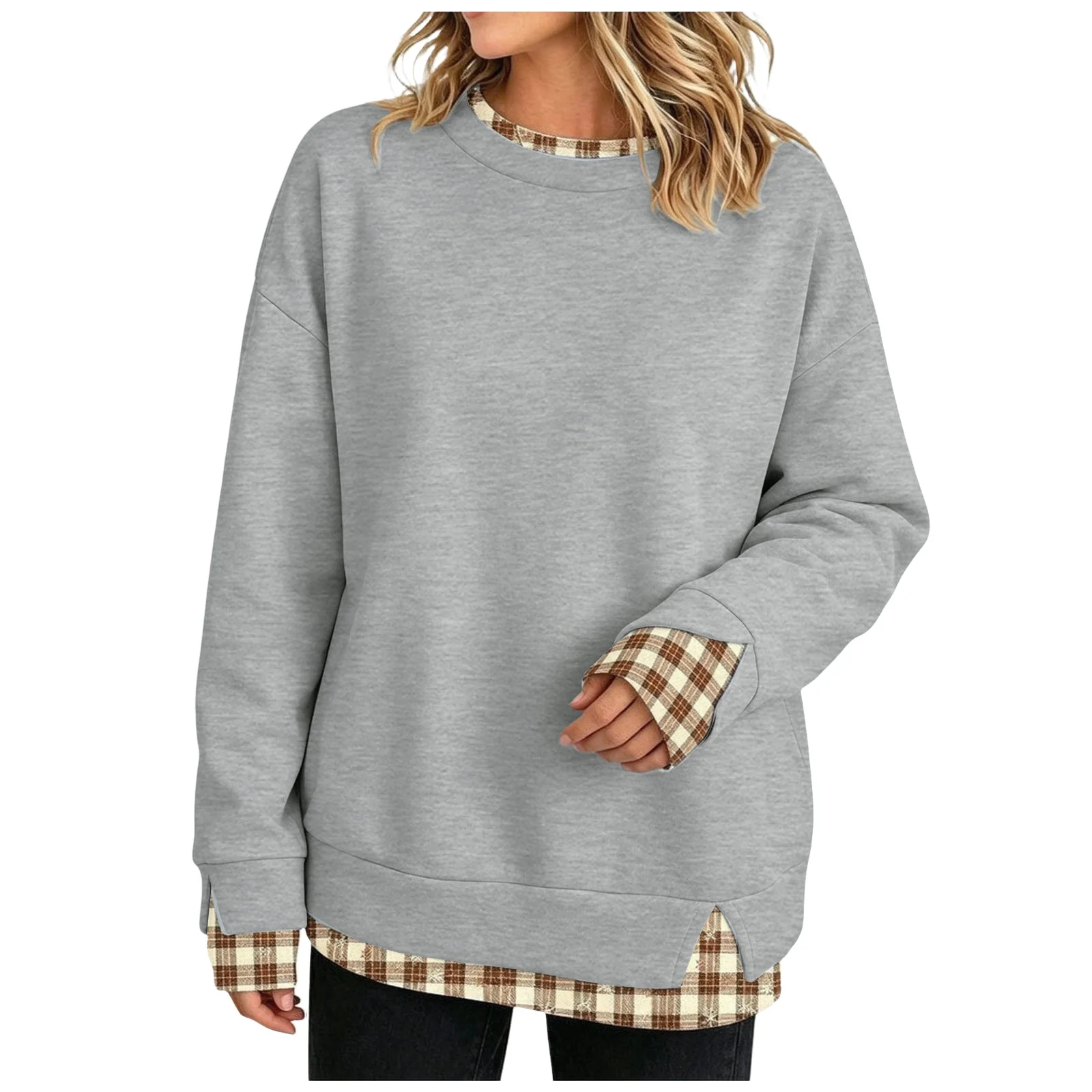 Crew Neck Sweatshirts Women Cute Long Sleeve Oversized Sweatshirt Plaid Pullove In Layered Tunic Drop Medium Weight Hoodie