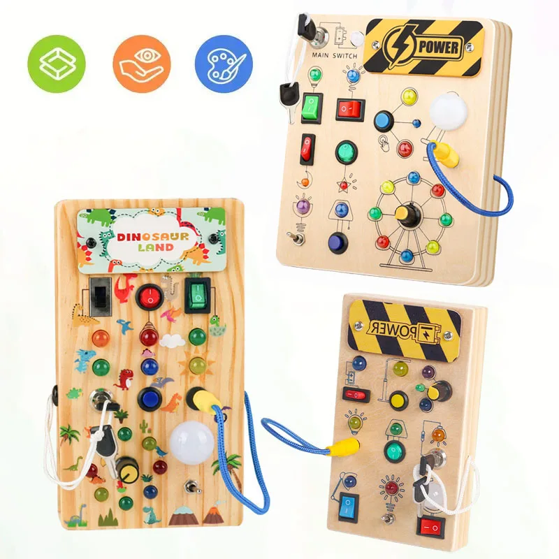 Montessori Toys Wooden Busy Board Switch Toys With Button LED Lights Sensory Travel for Toddler Preschool Learning Activity