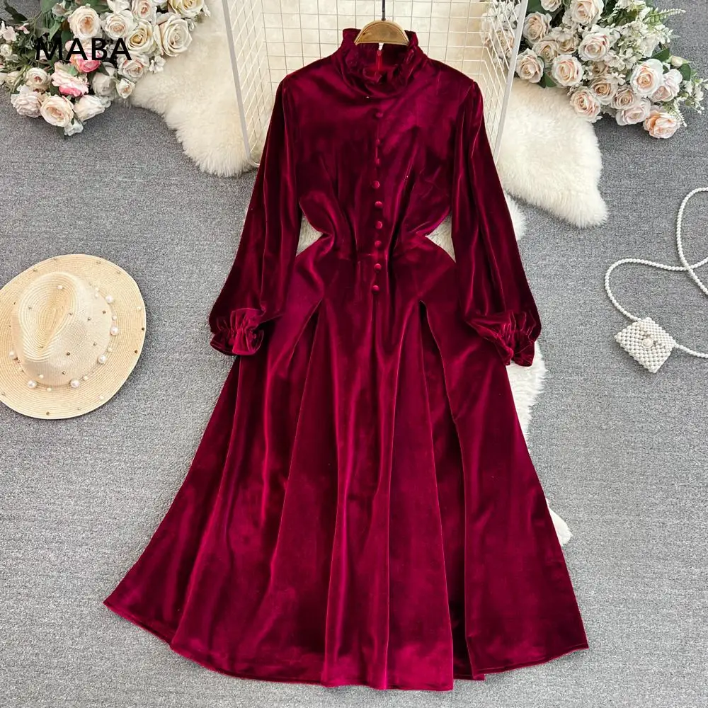 

Autumn Winter Women Velvet Burgundy Dress Stand Neck Puff Sleeve High Button Elegant Vintage Palace Dress Big Swing Party Dress