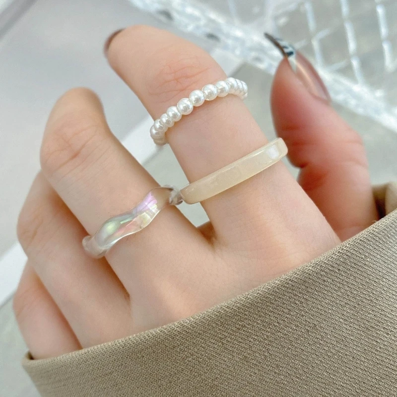 2025 Fashion Style 3 pièces, bague de pouce pliable à la mode en résine, bague élastique en perles Y2K_voghion.com