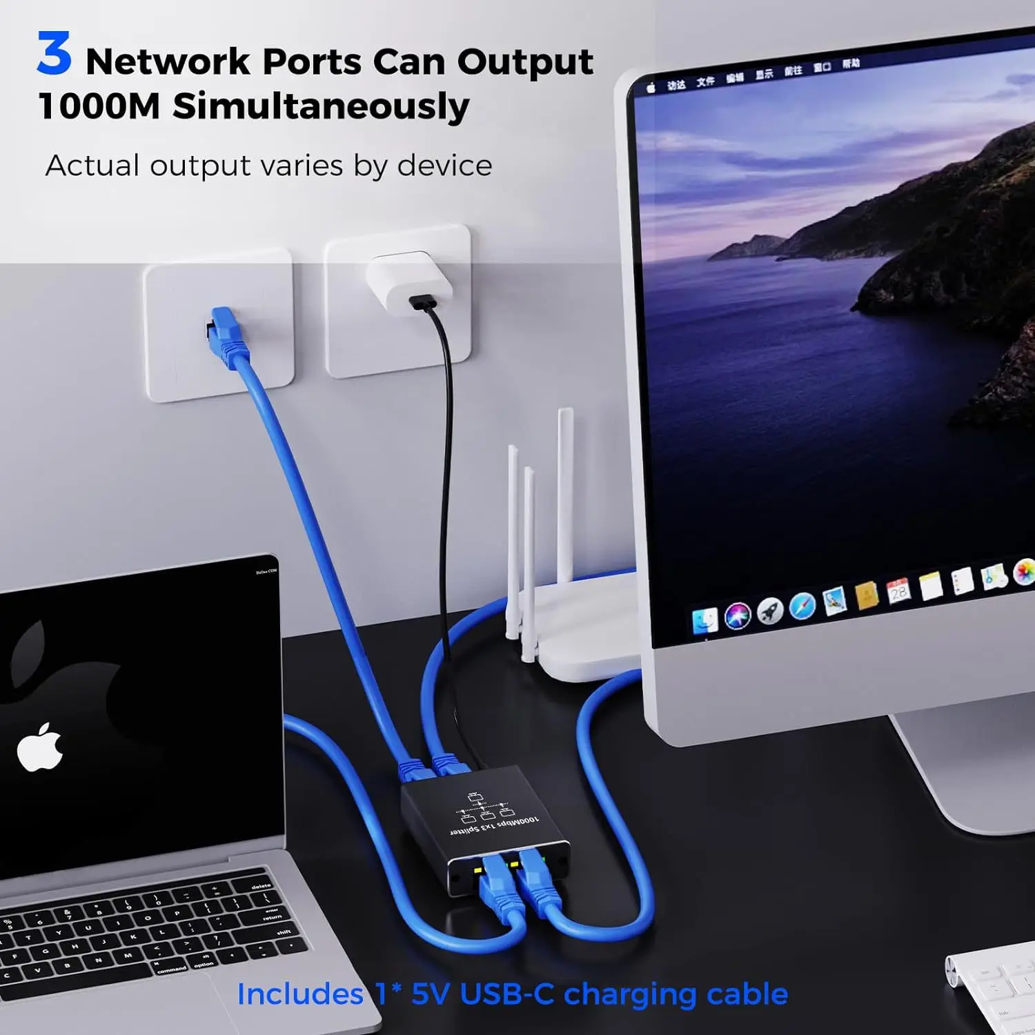 TEROW 기가비트 이더넷 어댑터, 인터넷 네트워크 케이블 확장기, PC 노트북 TV 박스용, 1000Mbps LAN 커넥터, 1-3 Rj45 분배기