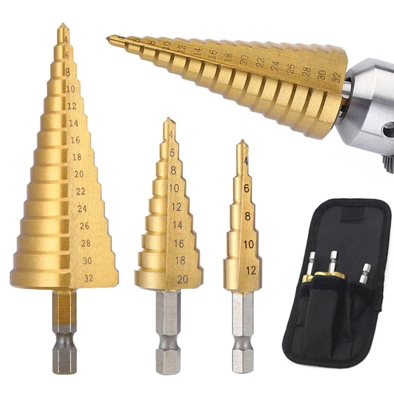 

New 3pcs 4-32 mm 4-20 mm HSS Titanium Coated Step Drill Bit High Speed Steel Metal Wood Hole Cutter Cone Drilling Tool