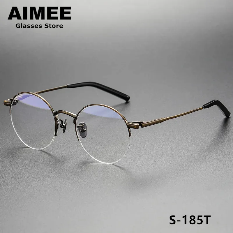 

Japanese Handmade Pure Titanium Men Half-Rim Glasses Frame Retro Round Optical Myopia Eyeglasses Women Spectacles Blue Lens Gafa