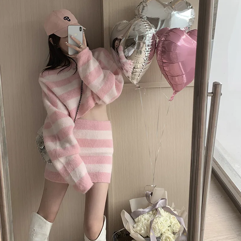 Autumn Striped Two-piece Skirt Set Women Long Sleeve Cropped Off Shoulder Top Bodycon Mini Skirt Korean Fashion Suits New