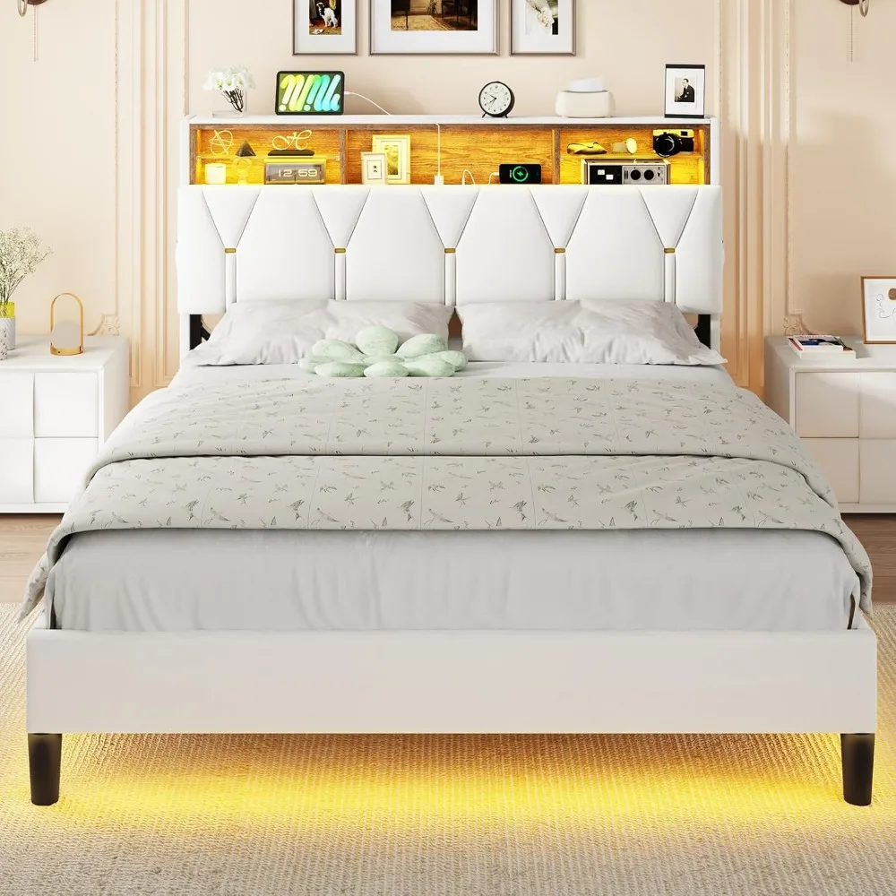 Bed Frame with Led Lights and Storage Headboard, LED Bed Frame with Charging Station, Velvet Upholstered Platform Bed Frame 3