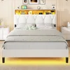 Bed Frame with Led Lights and Storage Headboard, LED Bed Frame with Charging Station, Velvet Upholstered Platform Bed Frame 3