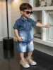 2025 New Imitation Cotton Fabric Denim Digital Print Lapel Short Sleeve Shorts Version Trend Retro For Boys Outdoor 2 Sets 1